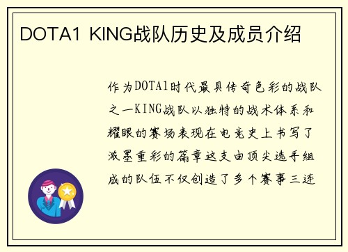 DOTA1 KING战队历史及成员介绍