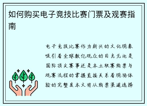 如何购买电子竞技比赛门票及观赛指南